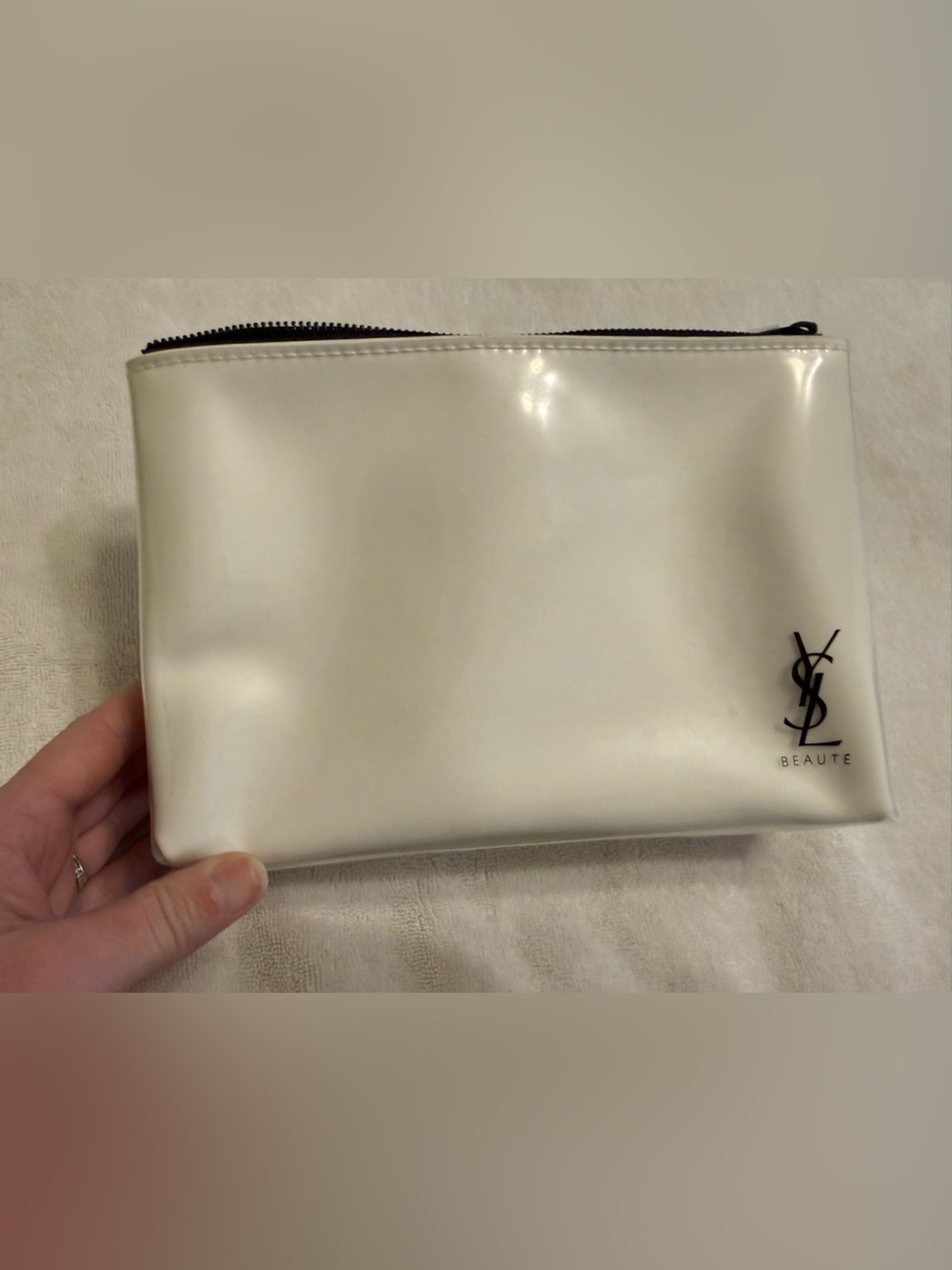 Yves Saint Laurent White Vinyl Beauté Cosmetic Pouch with Black Logo